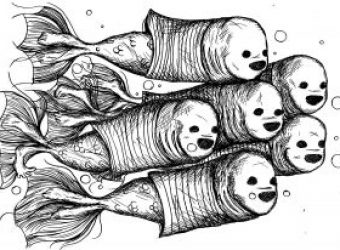 Um cardume de peixes nada na mesma direção, são peixes que parecem vestir uma roupa, sem magas, apenas algo longo e que os dá um máscara humanoide com um sorriso negro e dois olhos negros.